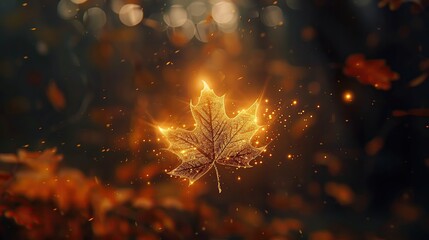Enchanting autumn leaf glowing with warm light, floating amidst a dreamy forest background, capturing the essence of fall magic.
