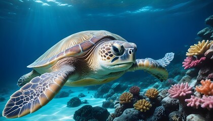 Fototapeta premium A cute turtle swimming in clear blue transparent water. Macro shot of a turtle