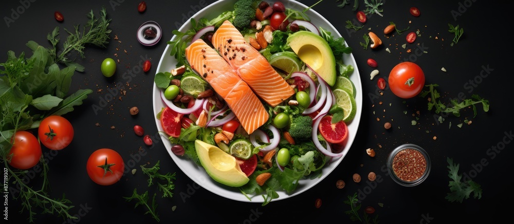 Poster gourmet menu idea featuring a mix of fresh salad leaves with salmon or tuna on a food background, ca