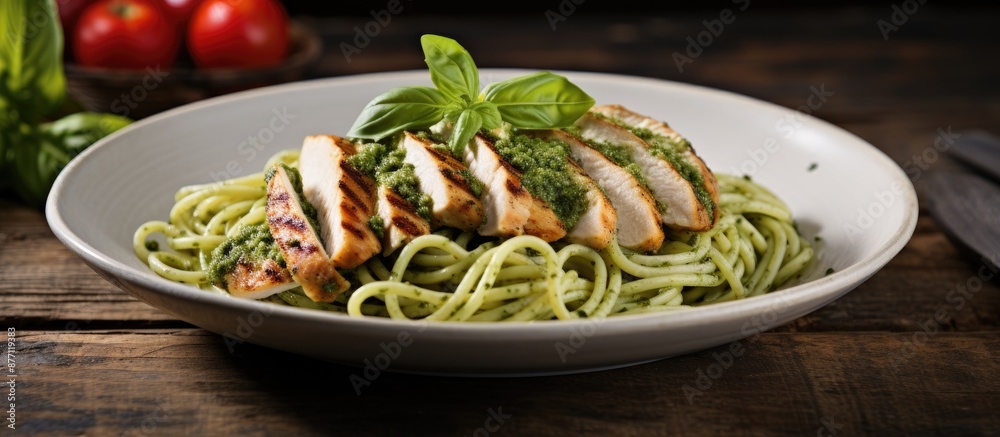 Poster grilled chicken pasta with basil pesto, having a fresh and appetizing appearance, will make for an i