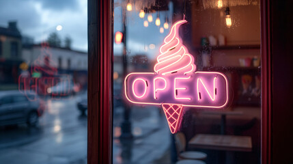 Neon Open sign at ice cream parlour 