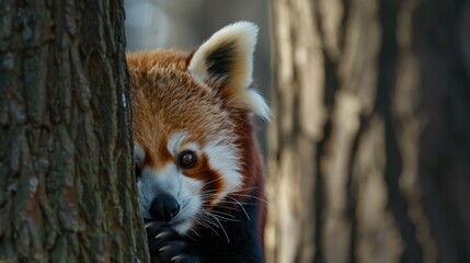  A tight shot of a raccoon by a tree, its face emerging from the bark
