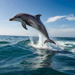 Jumping dolphin, blue sea and sky