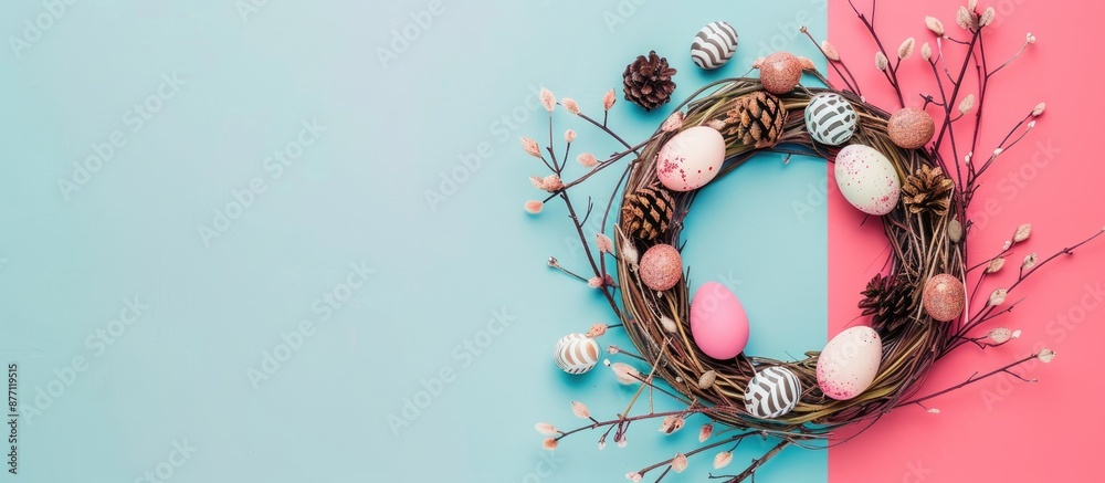 Poster Top view of a gorgeous spring wreath made from branches, cones, and Easter eggs on a colorful background. Includes copy space image in a flat lay style.