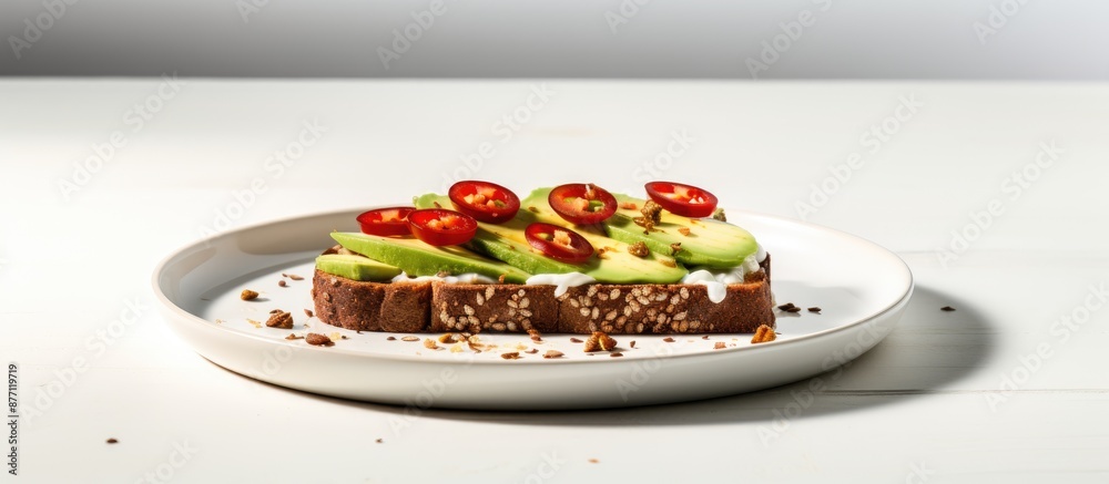 Poster avocado and chili on rye bread displayed on a white plate with a plain white background, perfect for