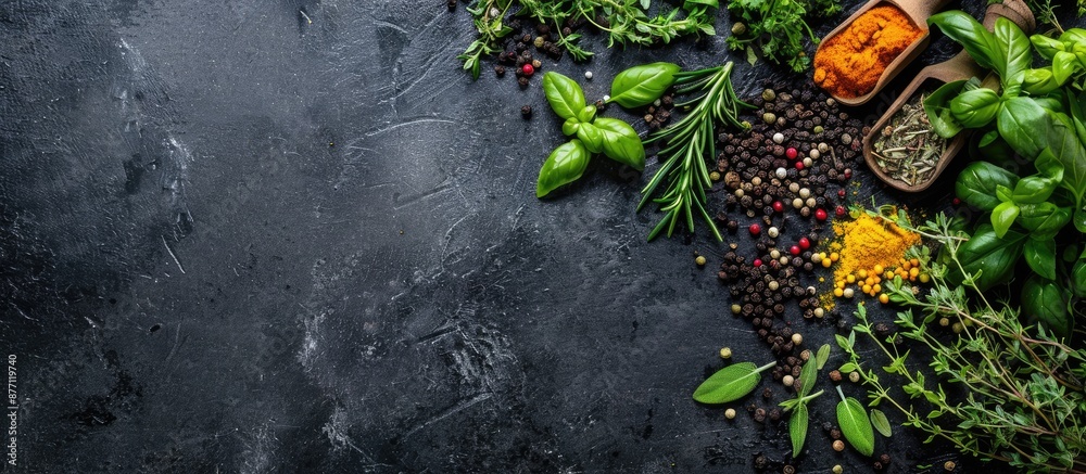 Poster variety of spices and herbs arranged on a black surface with copy space image.