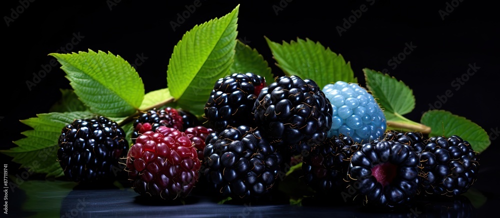 Poster vibrant blue and blackberries displayed on a dark background with copy space image, perfect for vega