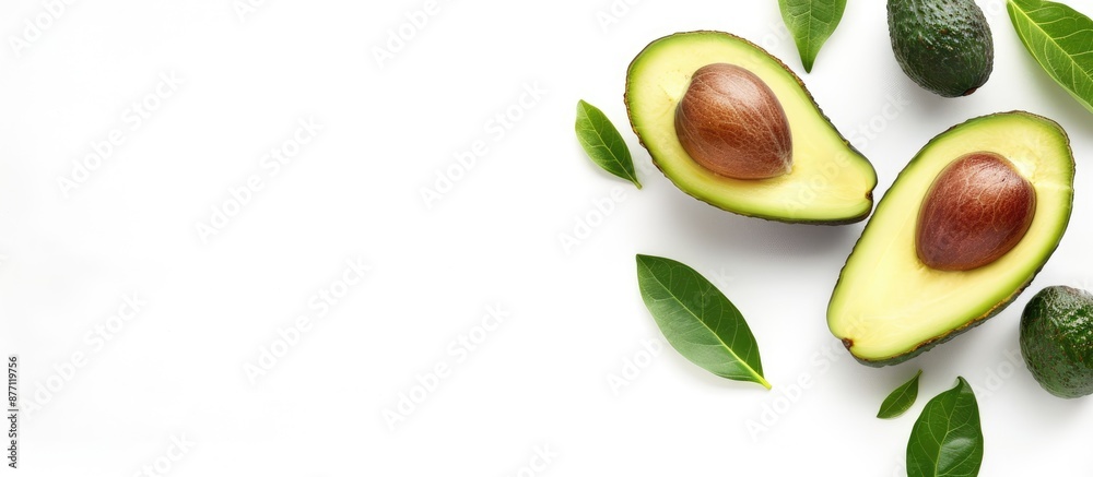 Poster Avocado on a white backdrop with copy space image.