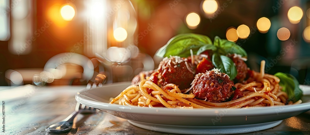 Aufkleber Selective focus on a plate of spaghetti and meatballs on a table with a copy space image available.