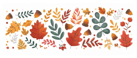 Naklejka premium Watercolor autumn leaves and acorns illustration with vibrant orange, red, and green hues, perfect for seasonal designs or backgrounds.
