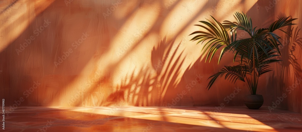 Aufkleber minimal room with a warm light setting, featuring a palm leaf shadow overlay for presenting a produc