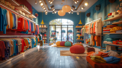 interior of kids clothing store, close up, with shop interior filled with variety of clothes in background, realistic 