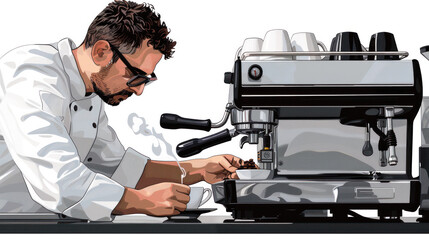 A man in a chef's uniform is making coffee in a coffee maker. The coffee maker is silver and has a black handle