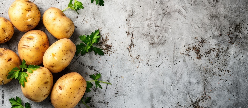 Poster fresh potatoes arranged on a weathered concrete surface, highlighting a food background with ample c