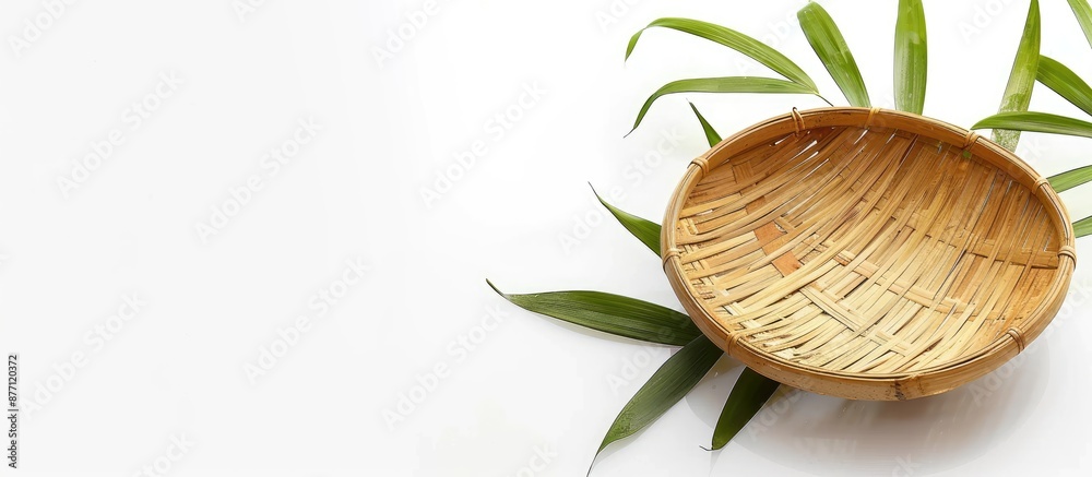Aufkleber isolated on a white backdrop, a bamboo saucer is featured with copy space image.