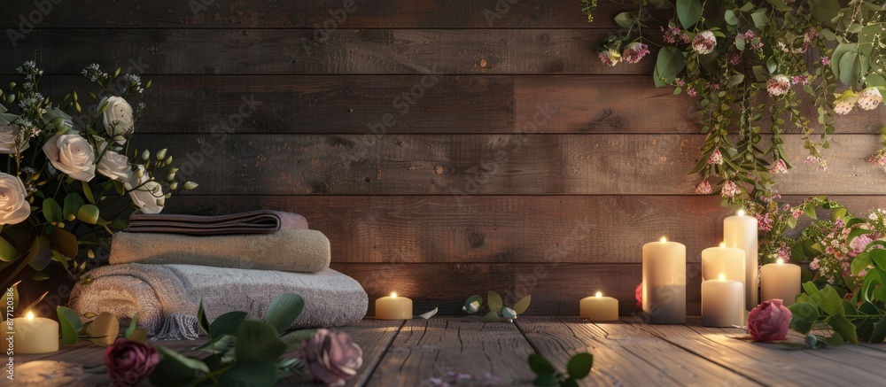Poster a serene spa arrangement displayed on a wooden surface with glowing candles, fresh flowers, and a de