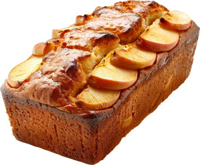 A freshly baked loaf of apple bread with visible apple slices on top. The bread is golden brown and looks delicious.