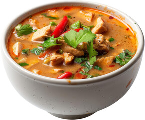 A flavorful bowl of spicy chicken soup garnished with fresh red chilies, cilantro, and green onions. Perfect for a hearty, warming meal.