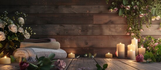 A serene spa arrangement displayed on a wooden surface with glowing candles, fresh flowers, and a designated area for text. Ideal for a copy space image.