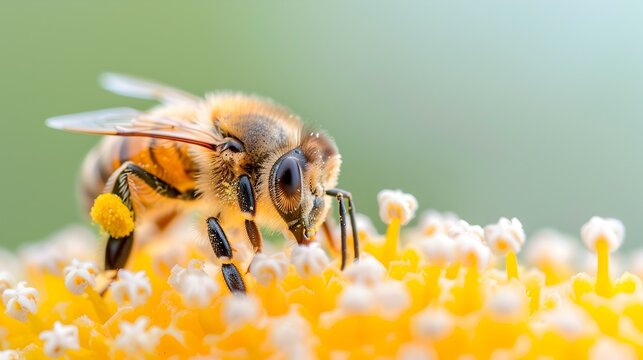 Closeup Macro Shot of Honeybee Collecting Pollen on Flower Petals,Vital Pollinating Insect