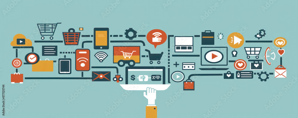 Poster a hand is pointing at a computer screen that is filled with various icons and symbols. concept of te