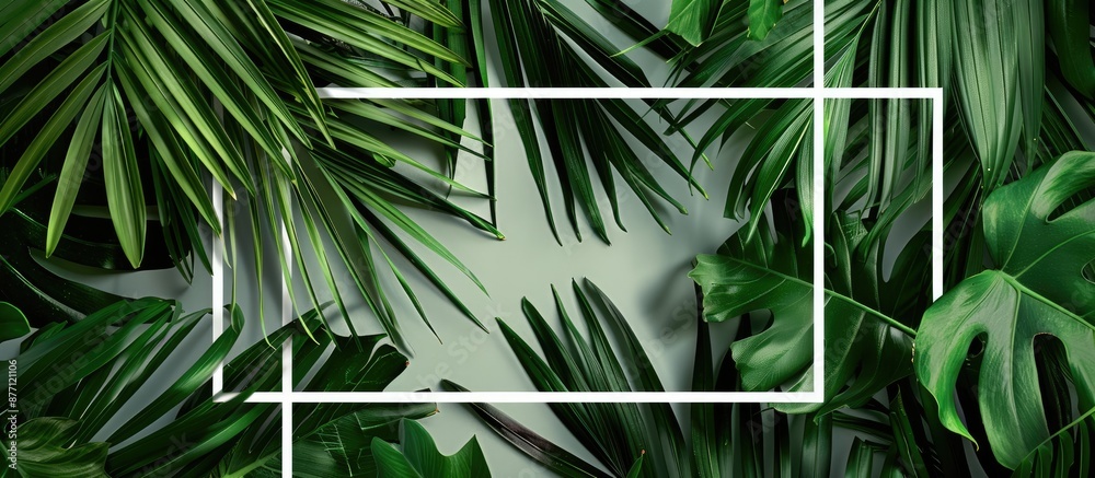 Poster Coconut tree background with a white frame, featuring soft green lighting for a banner template with a square coconut frame and copy space image.