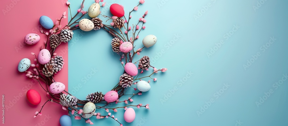 Poster Top view of a gorgeous spring wreath made from branches, cones, and Easter eggs on a colorful background. Includes copy space image in a flat lay style.