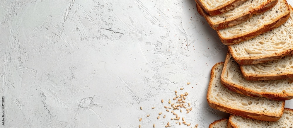 Poster White and gray bread slices displayed on a white surface with copy space image.