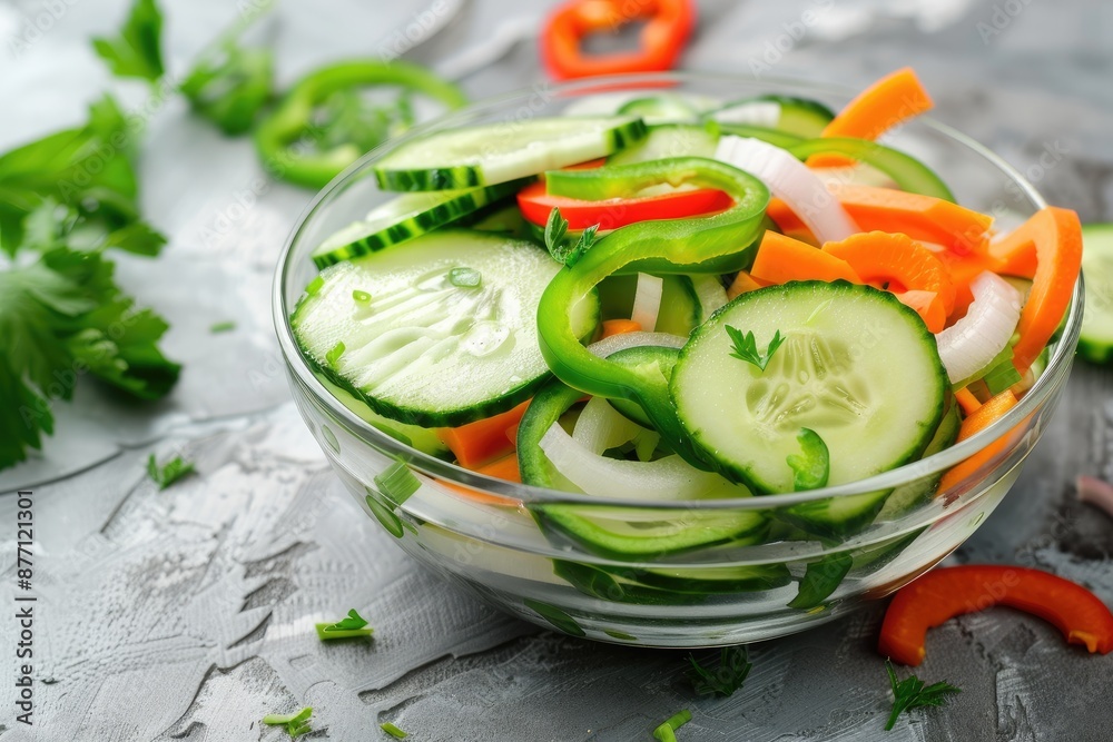 Wall mural Sliced cucumbers and bell peppers on wooden chopping board.