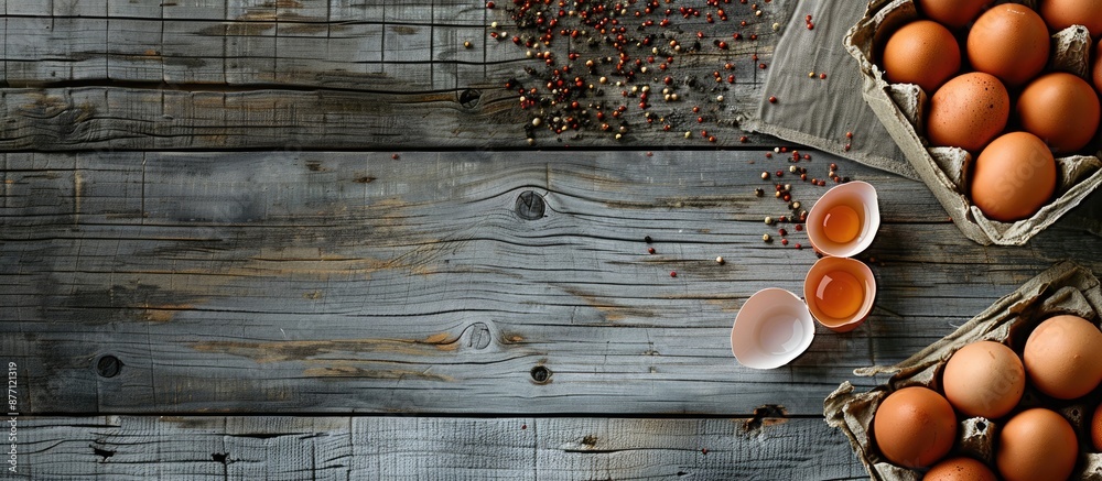 Poster Top view of organic farm chicken eggs with pepper in a cardboard box placed on a gray wooden table, creating a rustic composition with copy space image.