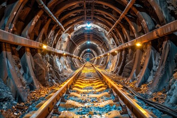 Underground train tunnel illuminated with orange and blue lights in perspective.