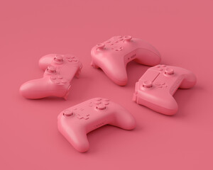 Set of lying gamer joysticks or gamepads on monochrome background