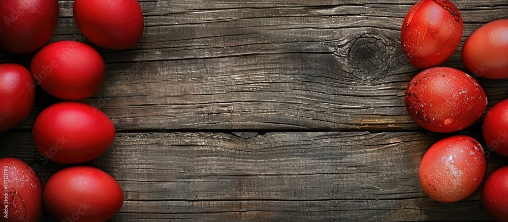 Poster easter-themed red eggs showcased against a rustic wooden backdrop with ample copy space image.