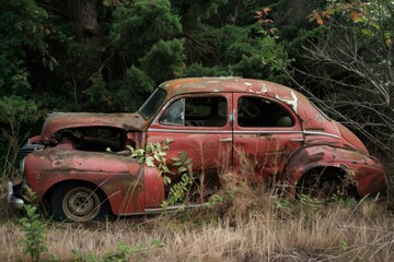 Rustic old car with peeling red paint, being reclaimed by nature in a dense, green forest