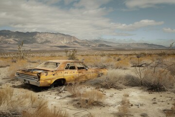 Rusty vintage car left in a vast desert with mountains in the background