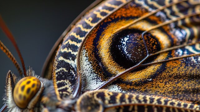  Close-up of a butterfly wing against black backdrop, displaying yellow and blue patterns