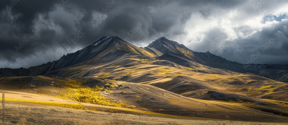 Poster Mountain bathed in sunlight showcases yellow and brown hues with dark clouds drifting in the background, featuring noise and grain in the copy space image.