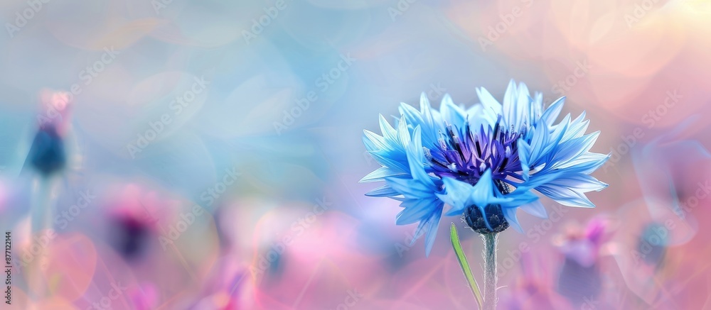 Poster A single cornflower (Centaurea Cyanus) blooming in a meadow with pastel hues, set in a horizontal layout against a large backdrop for copy space image.