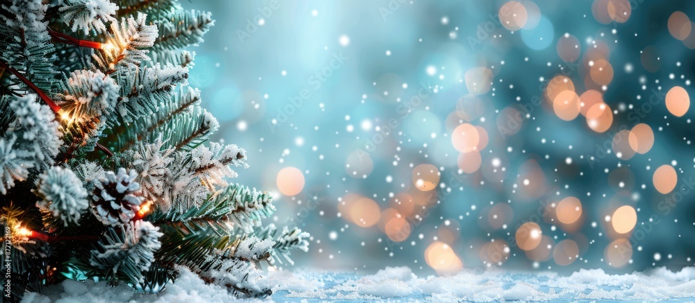 Poster Snow-covered fir tree decorated for Christmas with a magical light bokeh backdrop, creating a charming scene with room for your holiday wishes in the copy space image.
