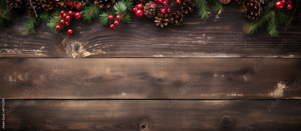 Poster Weathered wooden background with a festive Christmas theme featuring a rough vintage texture, cracks, and space for design and text in a top view copy space image.
