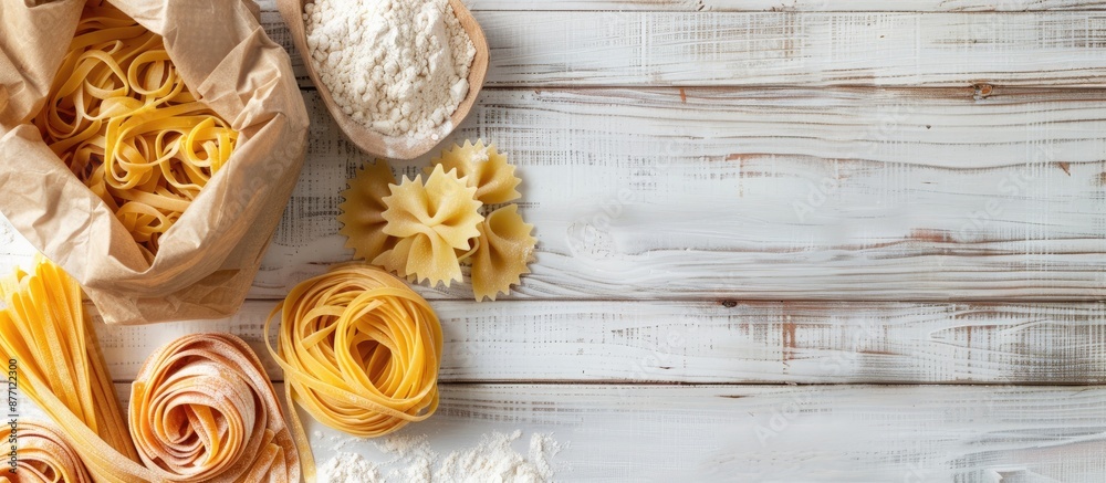 Poster top view of various uncooked pasta types and flour in a paper bag on a white wooden table with copy 