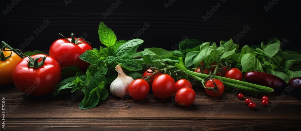 Poster fresh ingredients like grape tomatoes, basil, and arugula arranged on a dark wooden table for use in