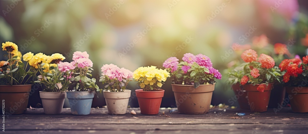 Aufkleber flowers in pots with colorful blur in an abstract garden setting, perfect for advertising with copy 