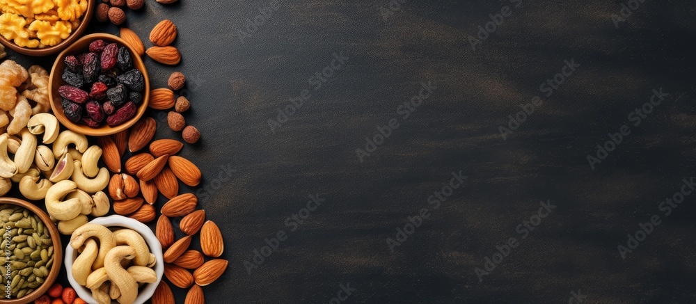 Poster Top view of an assortment of nuts and dried fruits with copy space image.
