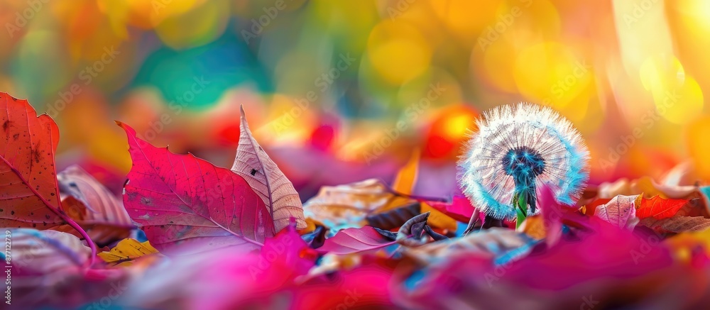 Aufkleber a dandelion in the fall season, set against a backdrop of colorful leaves, providing ample copy spac