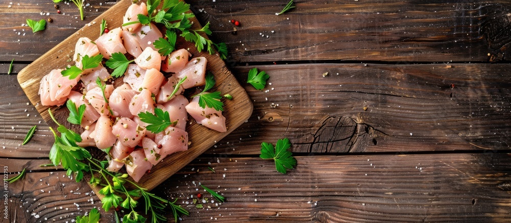 Poster a top view of diced raw chicken breast fillets seasoned with herbs on a wooden background with copy 