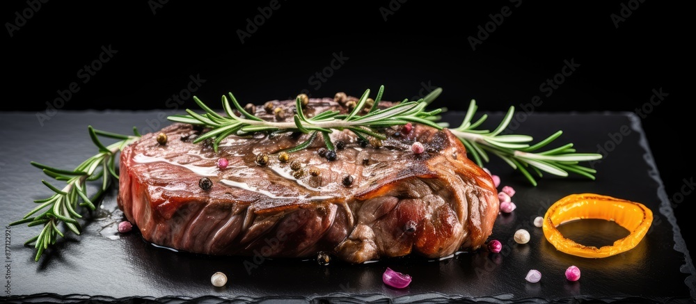 Poster a ribeye beef steak adorned with rosemary and marinated onion on a sleek black stone table, perfect 