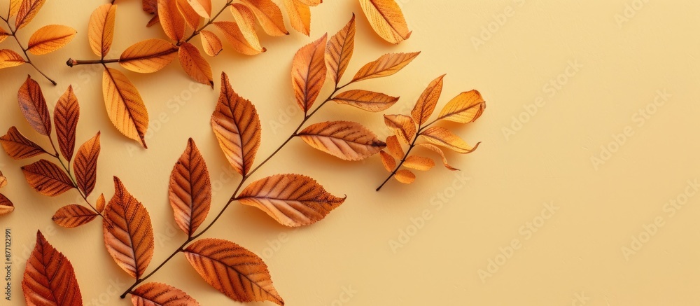 Poster a flat lay view of autumn rowan leaves in golden hues displayed on a beige backdrop with ample copy 