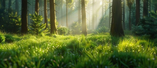 Obraz premium Lush green grasses in a forest setting with tall pine trees, creating a serene backdrop.