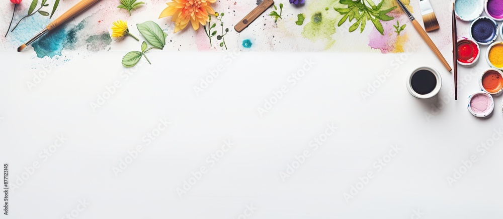 Poster Artist's creative workspace with watercolor and artistic tools laid out on a white backdrop, seen from above in a flat lay style with room for text or an image.